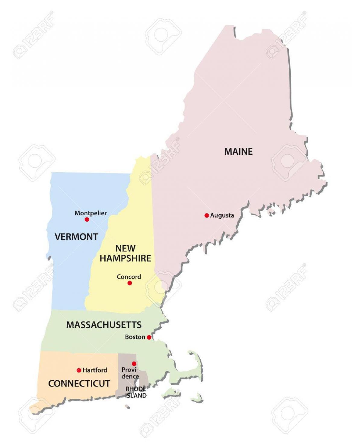 mapa dos estados da Nova Inglaterra