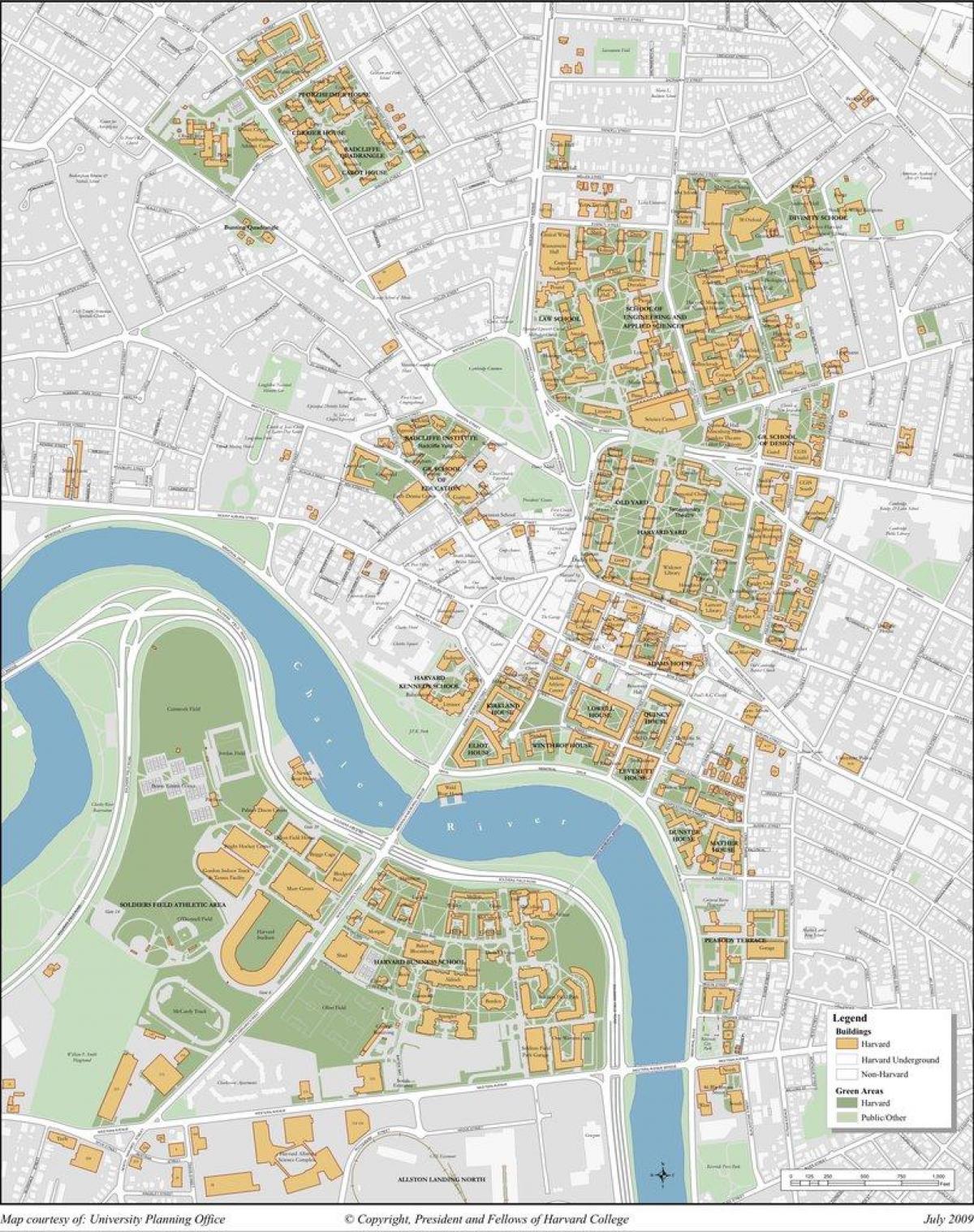 A universidade de Harvard, mapa do campus.